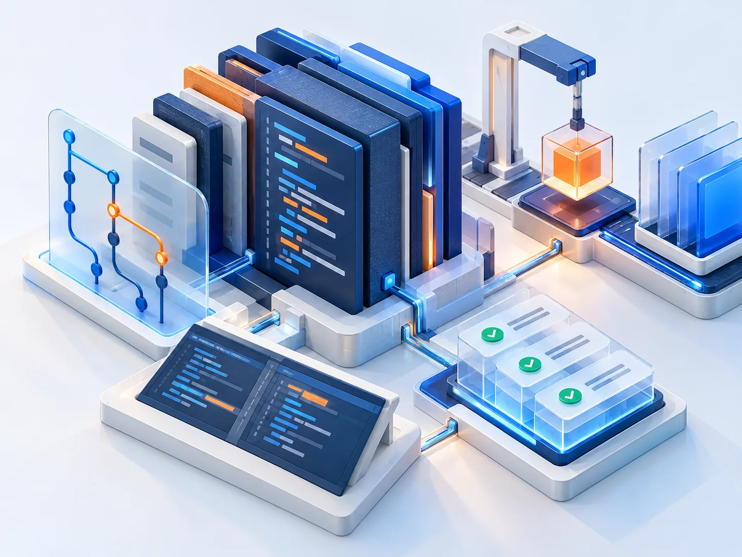Conceptual illustration: Engineering work on an existing codebase: legacy modules, tests, version branches and a small working release, no stock team photo.