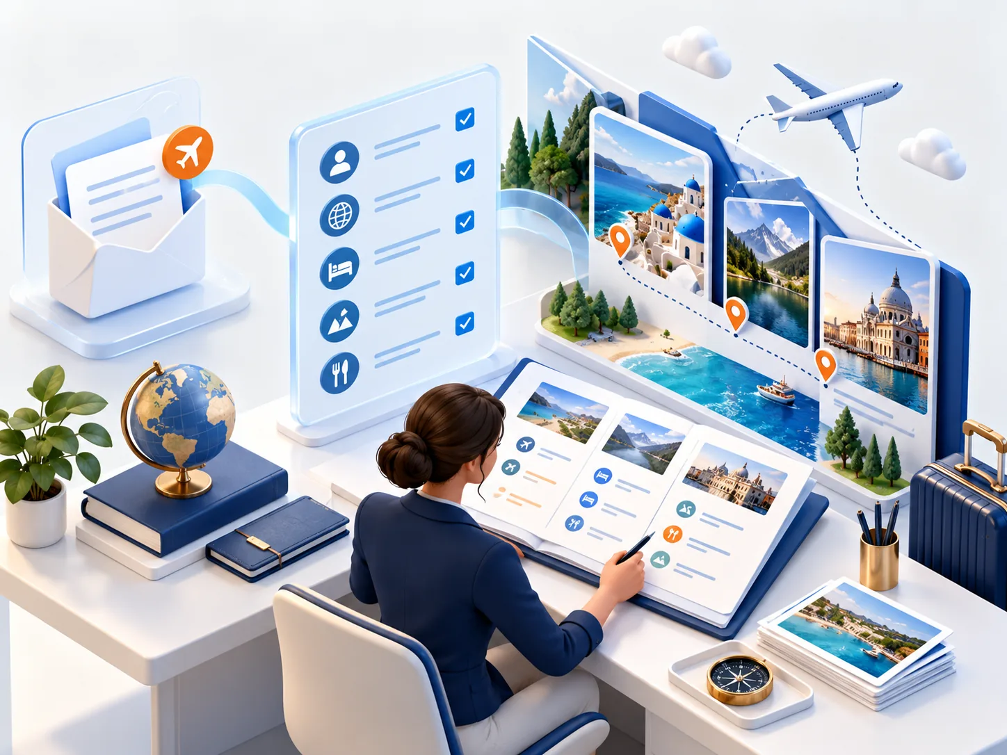 Conceptual illustration: Conceptual travel enquiry preparation workflow: incoming request, structured preferences, consultant review and itinerary, no client screenshots.