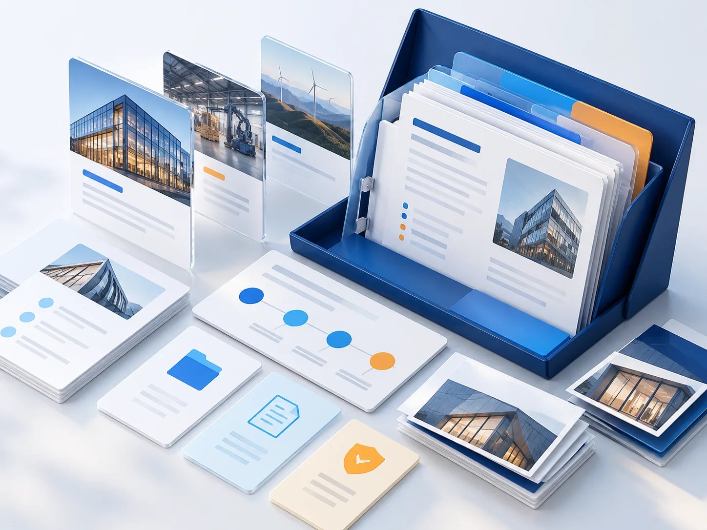 Conceptual illustration: A collection of distinct software case-study artifact cards and a procurement-ready evidence folder, no fabricated results or logos.