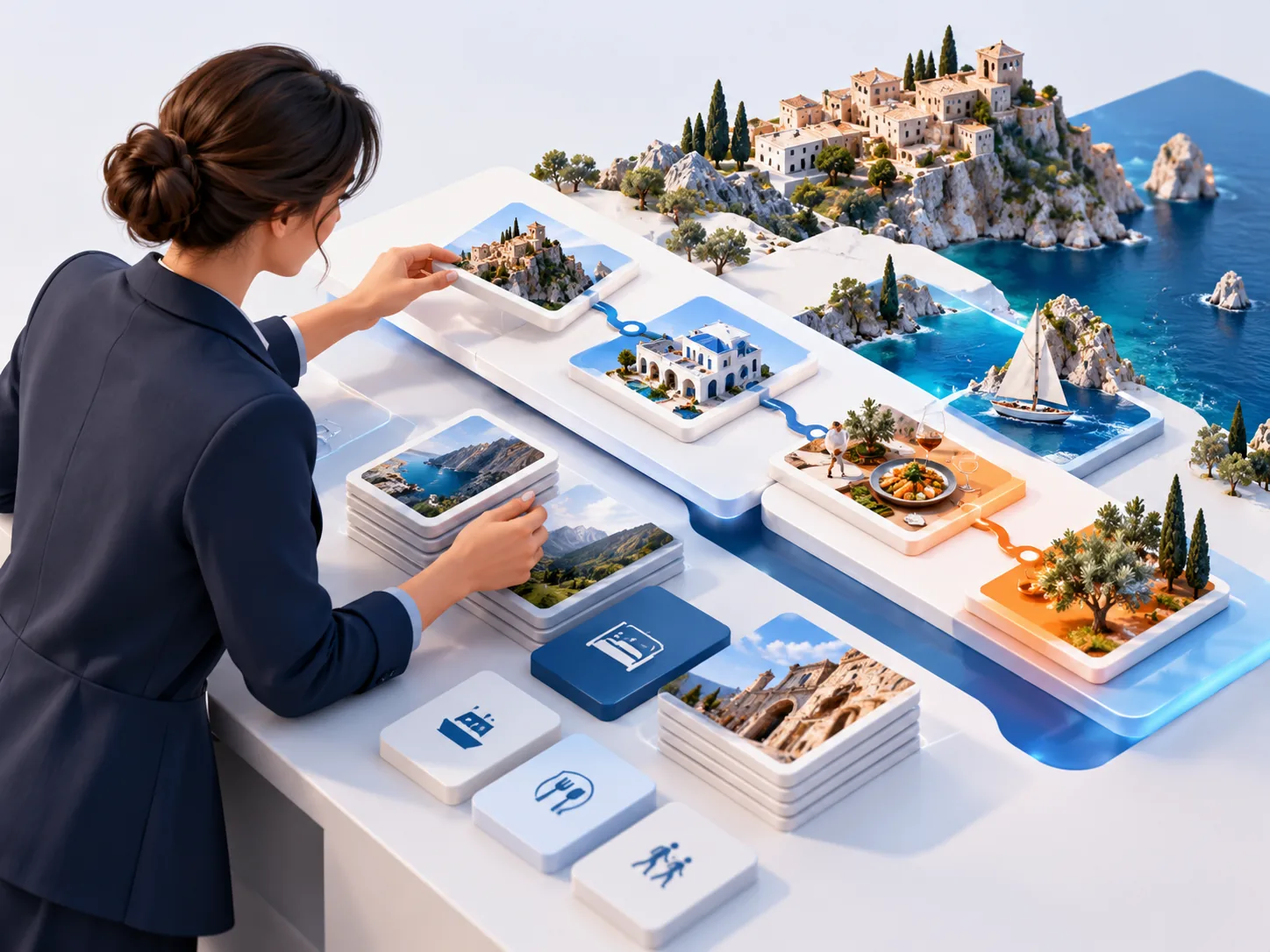 Conceptual illustration: A destination-management operator combining reusable itinerary building blocks with bespoke local experiences chosen by a consultant.