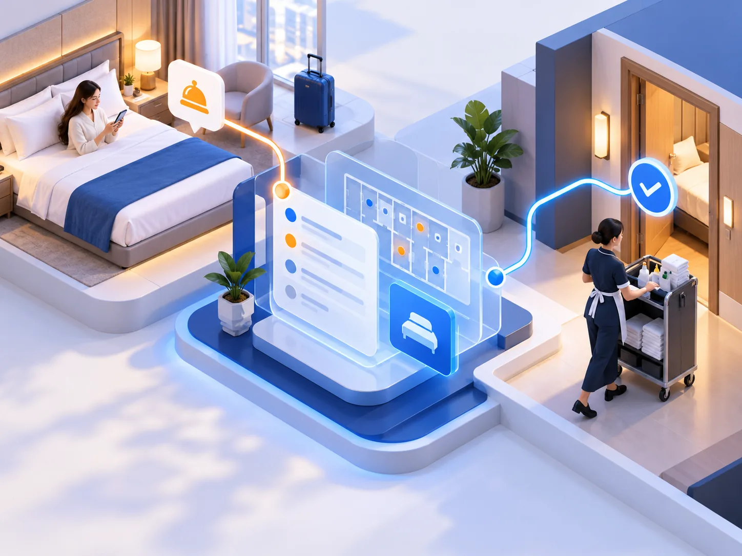 Conceptual illustration: Hotel property-management data, guest request and housekeeping or service team connected by one operational flow.