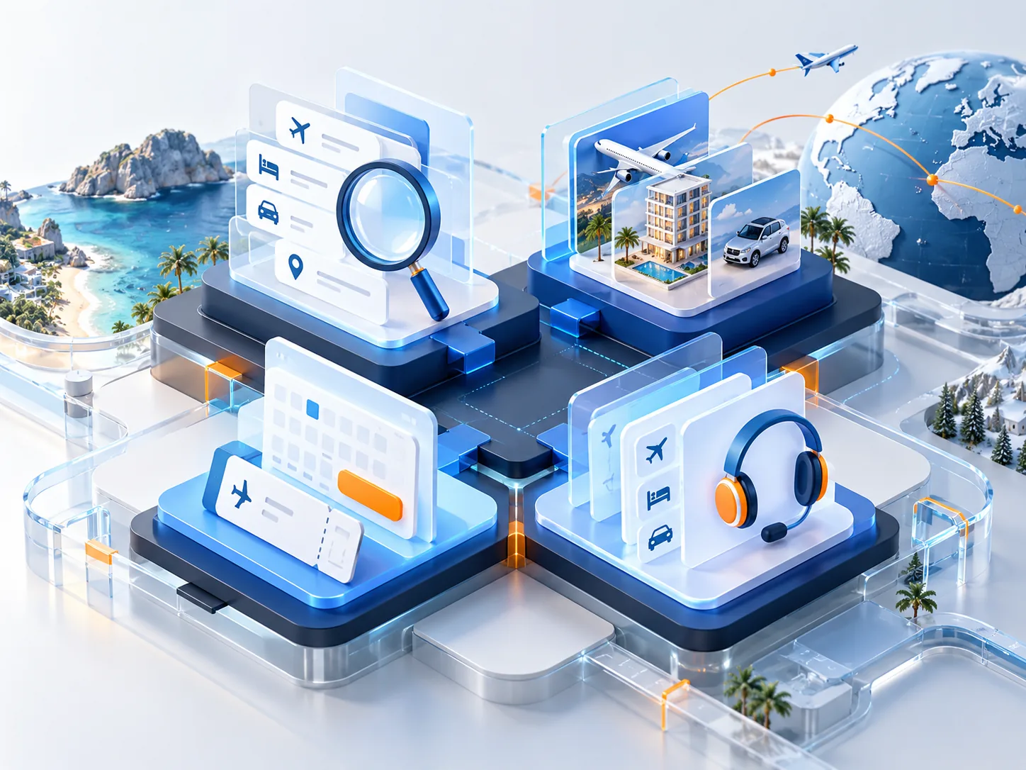 Conceptual illustration: Modular online travel platform components for search, inventory, booking and servicing designed to be changed independently.