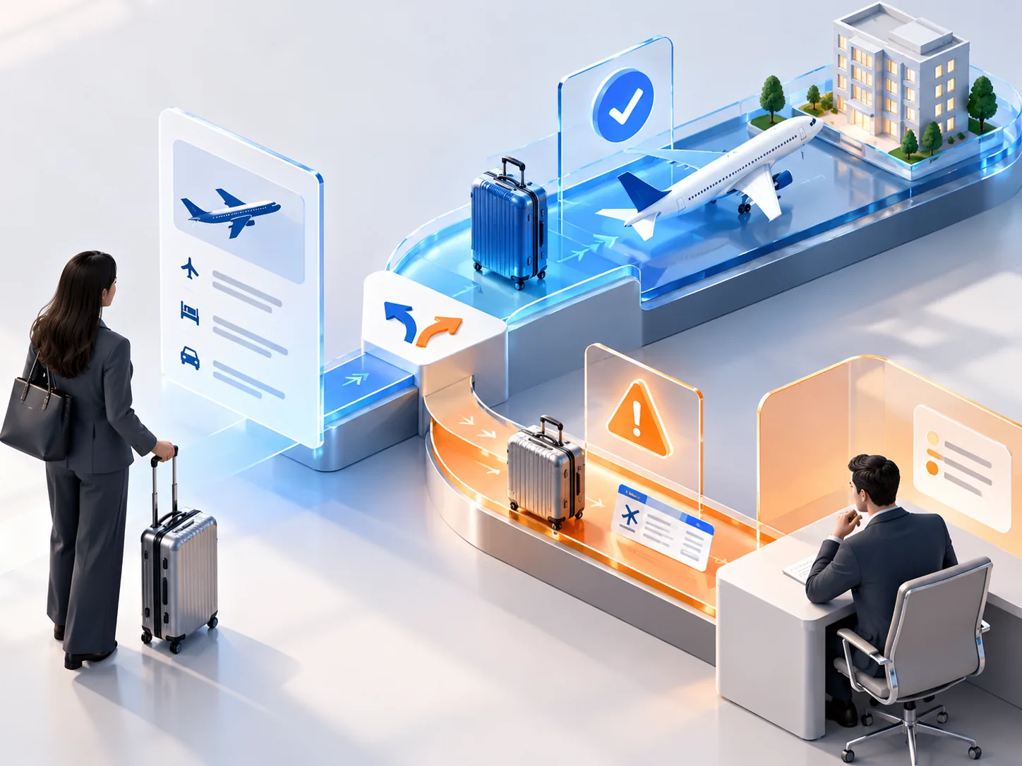Conceptual illustration: A corporate travel request splitting into a compliant routine booking lane and a policy-exception lane for human review.
