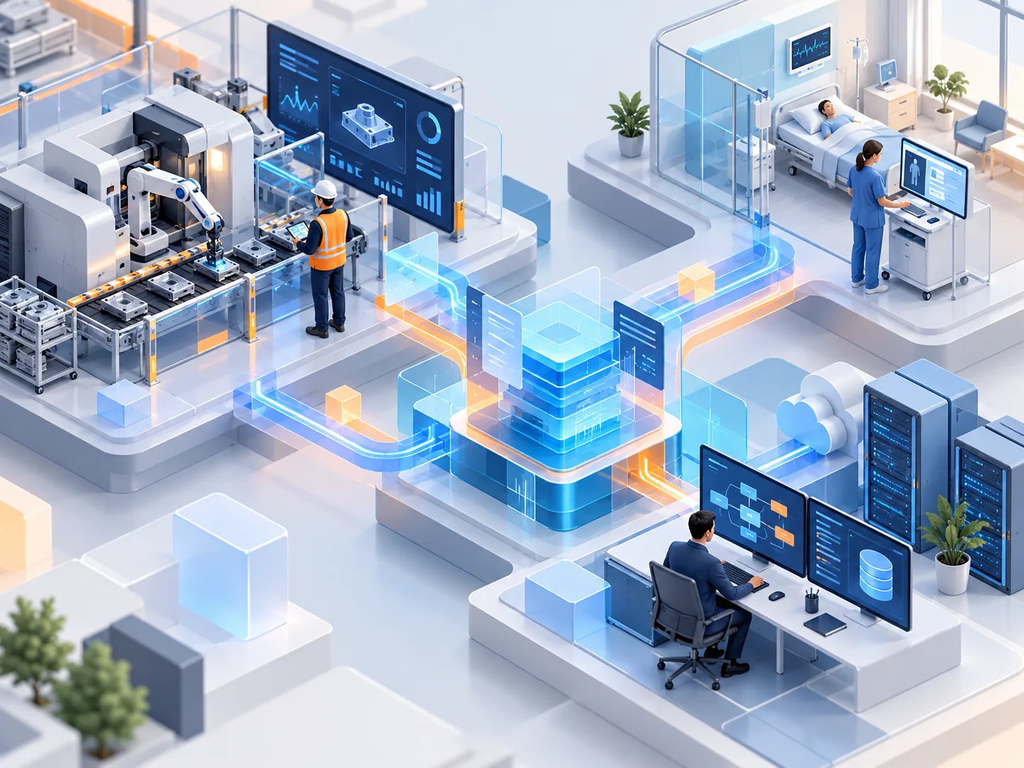 Conceptual illustration: A portfolio of non-travel operations software: factory operations screen, healthcare workflow and enterprise data integration, coherently connected without invented logos.