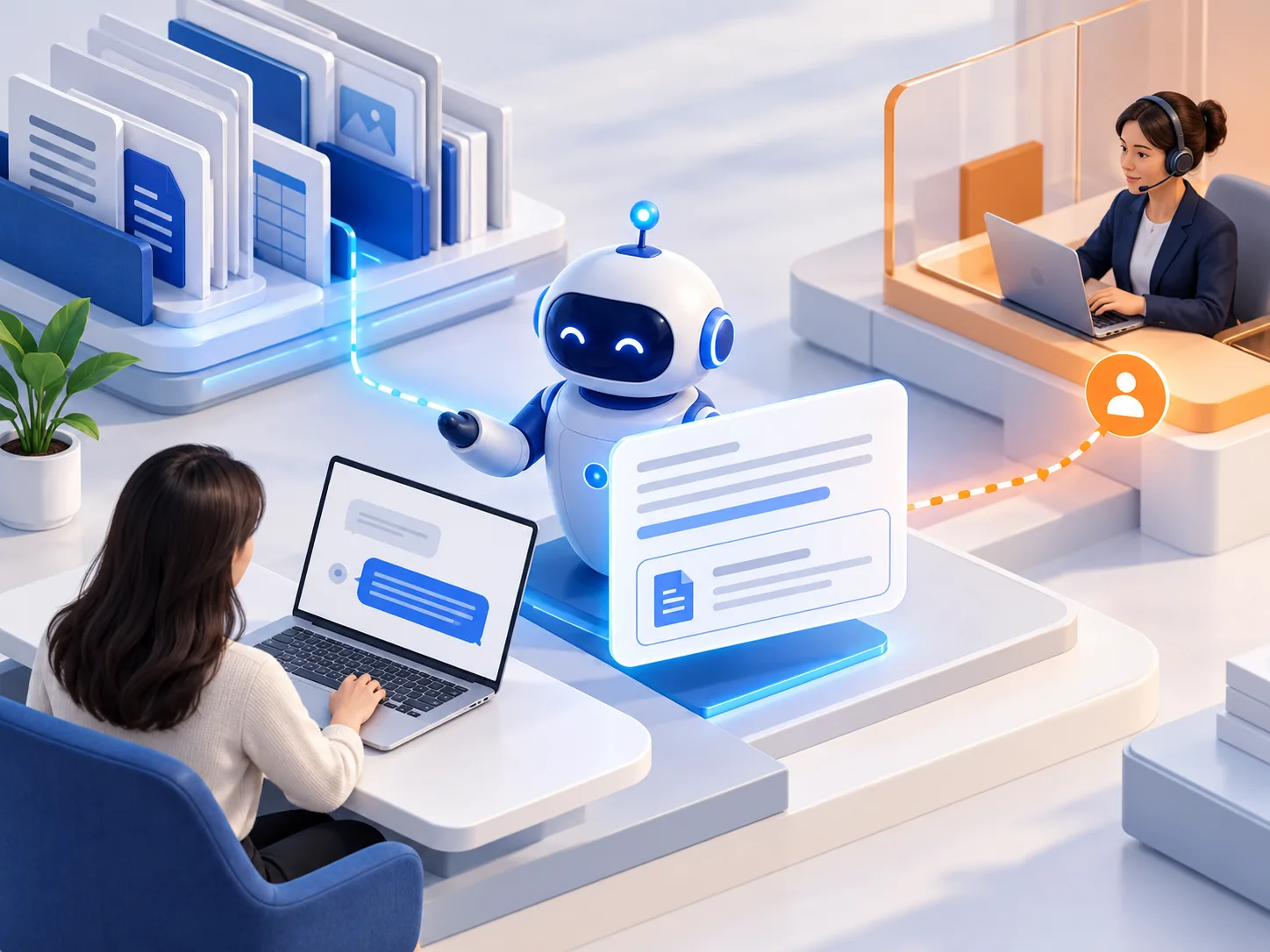 Conceptual illustration: A grounded enterprise chatbot answering from a curated knowledge library with a visible source reference and human handoff path.