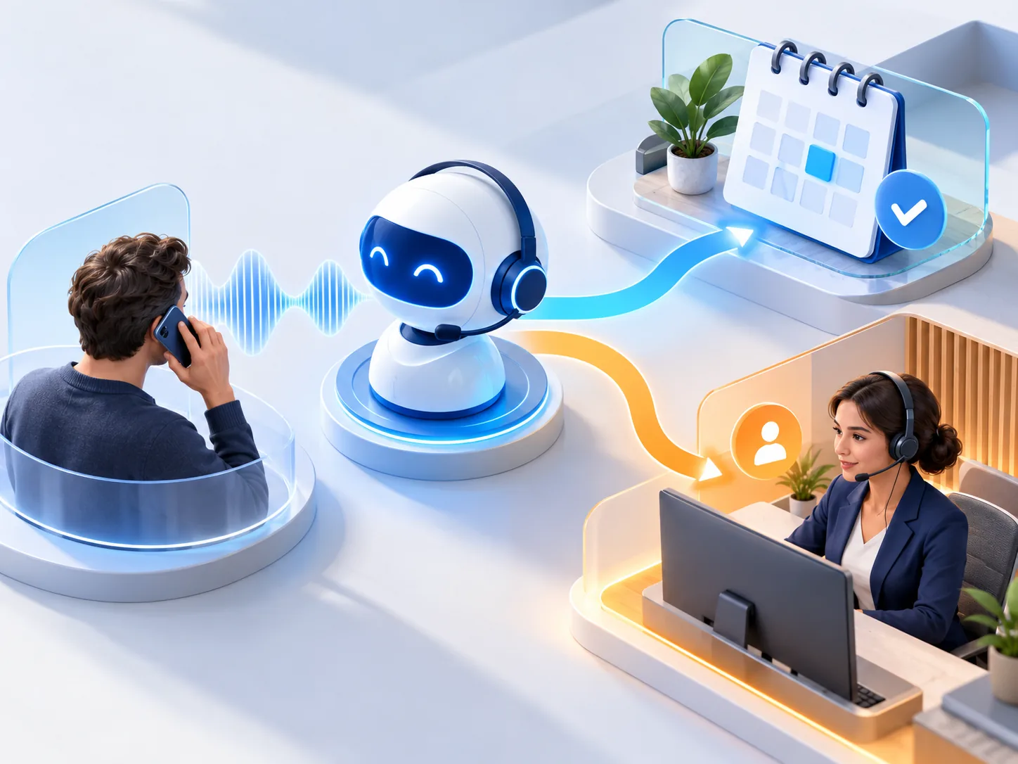 Conceptual illustration: An AI phone receptionist routing a straightforward appointment to a calendar and escalating a complex call to a human operator.