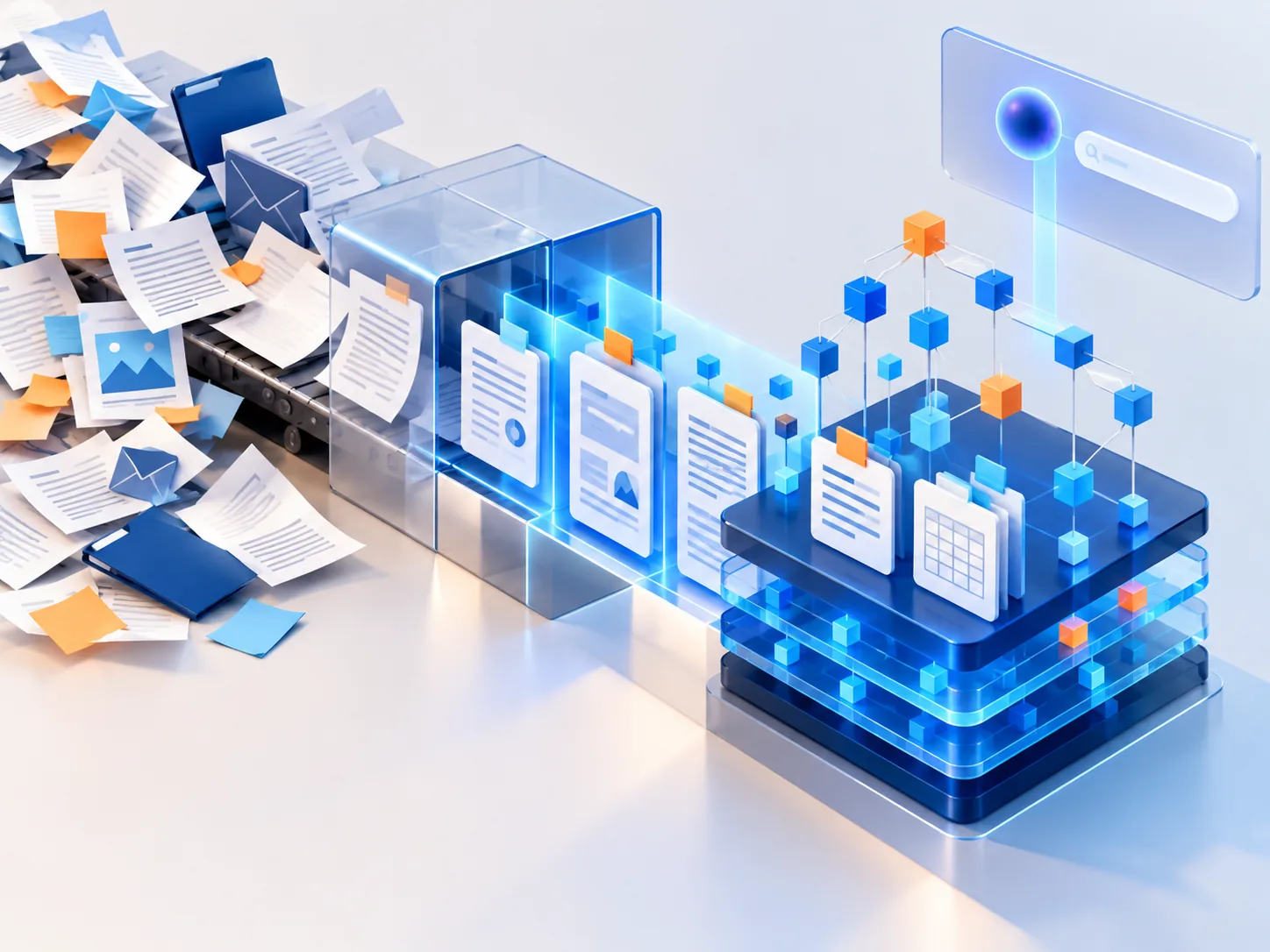 Conceptual illustration: Scattered business documents being cleaned and governed into a reliable knowledge layer before AI retrieval.