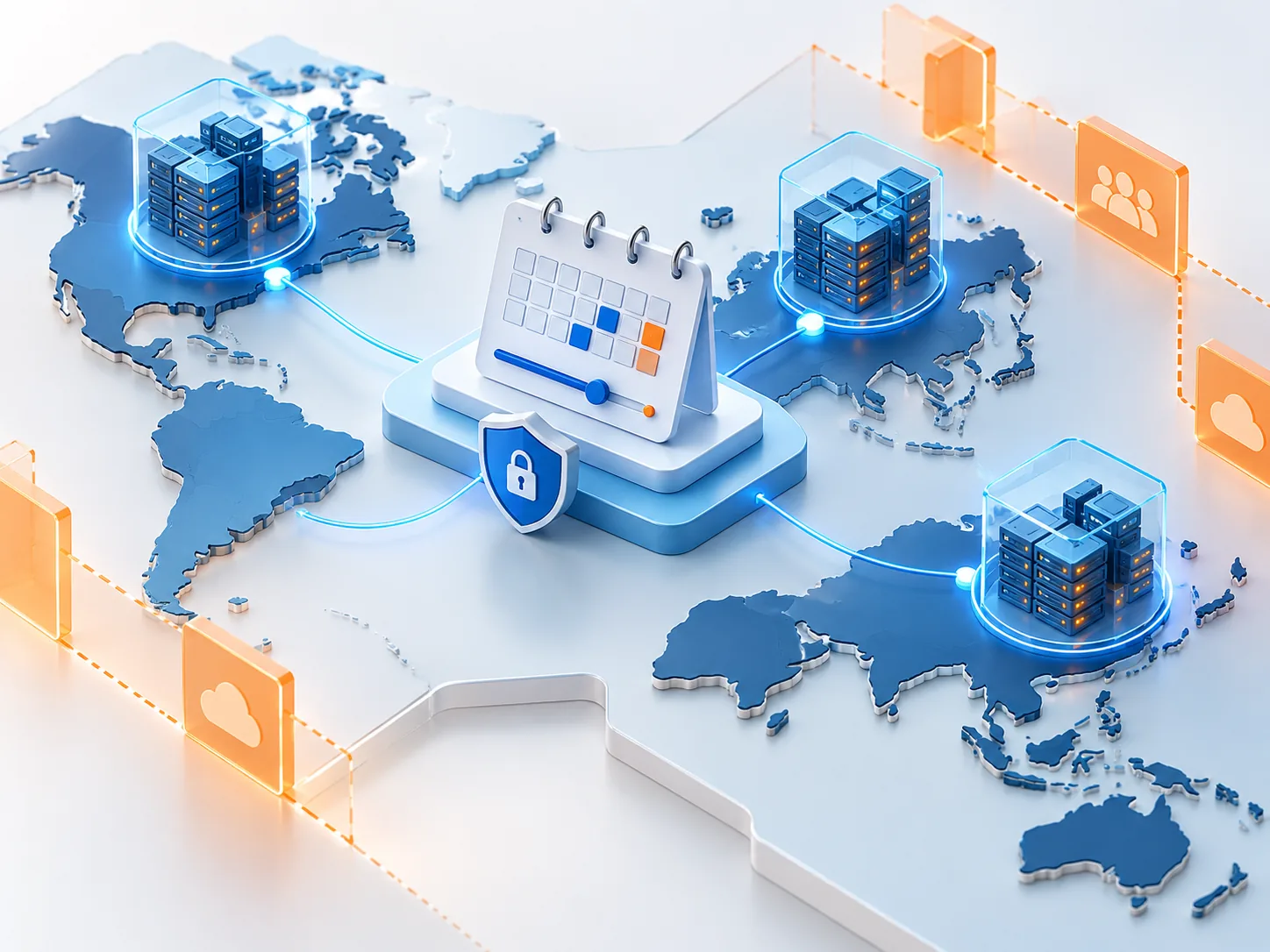 Conceptual illustration: Data-residency and retention decisions shown as secure regional storage nodes, calendar retention controls and third-party boundary markers.