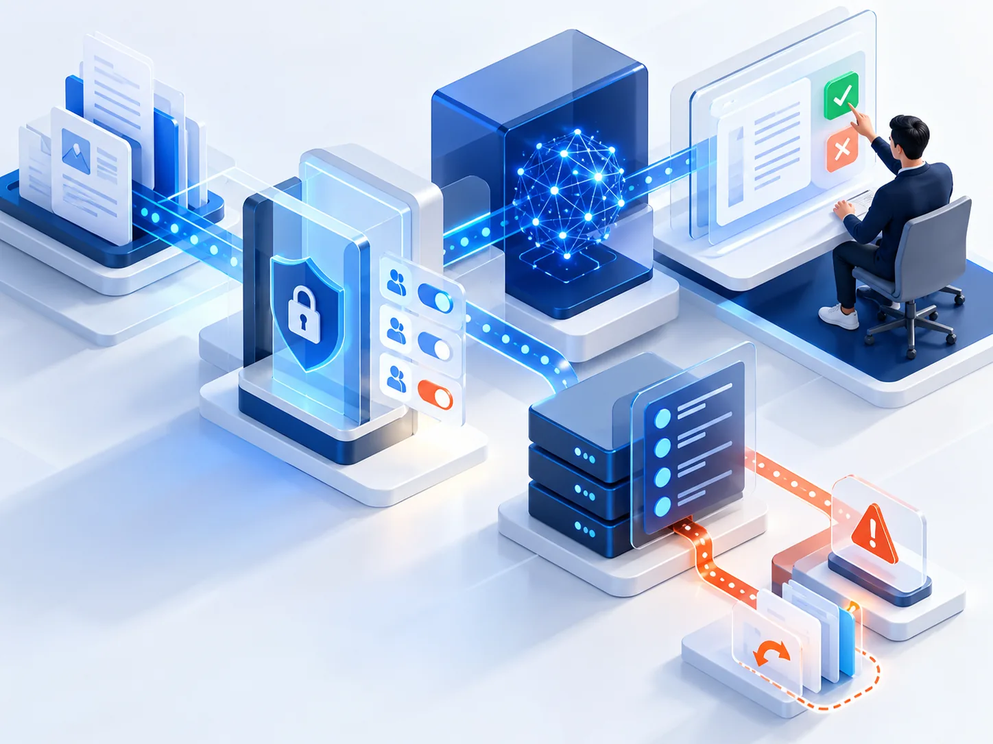 Conceptual illustration: A practical AI deployment review: permissions gate, data flow, human approval, logs and failure fallback, shown as layered product controls.