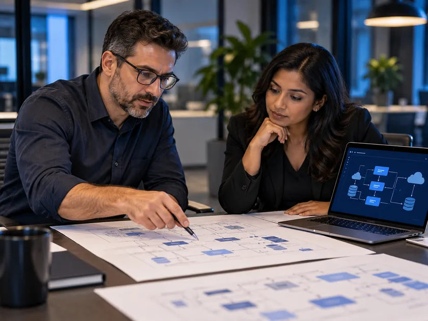 Illustrative AI workflow planning scene