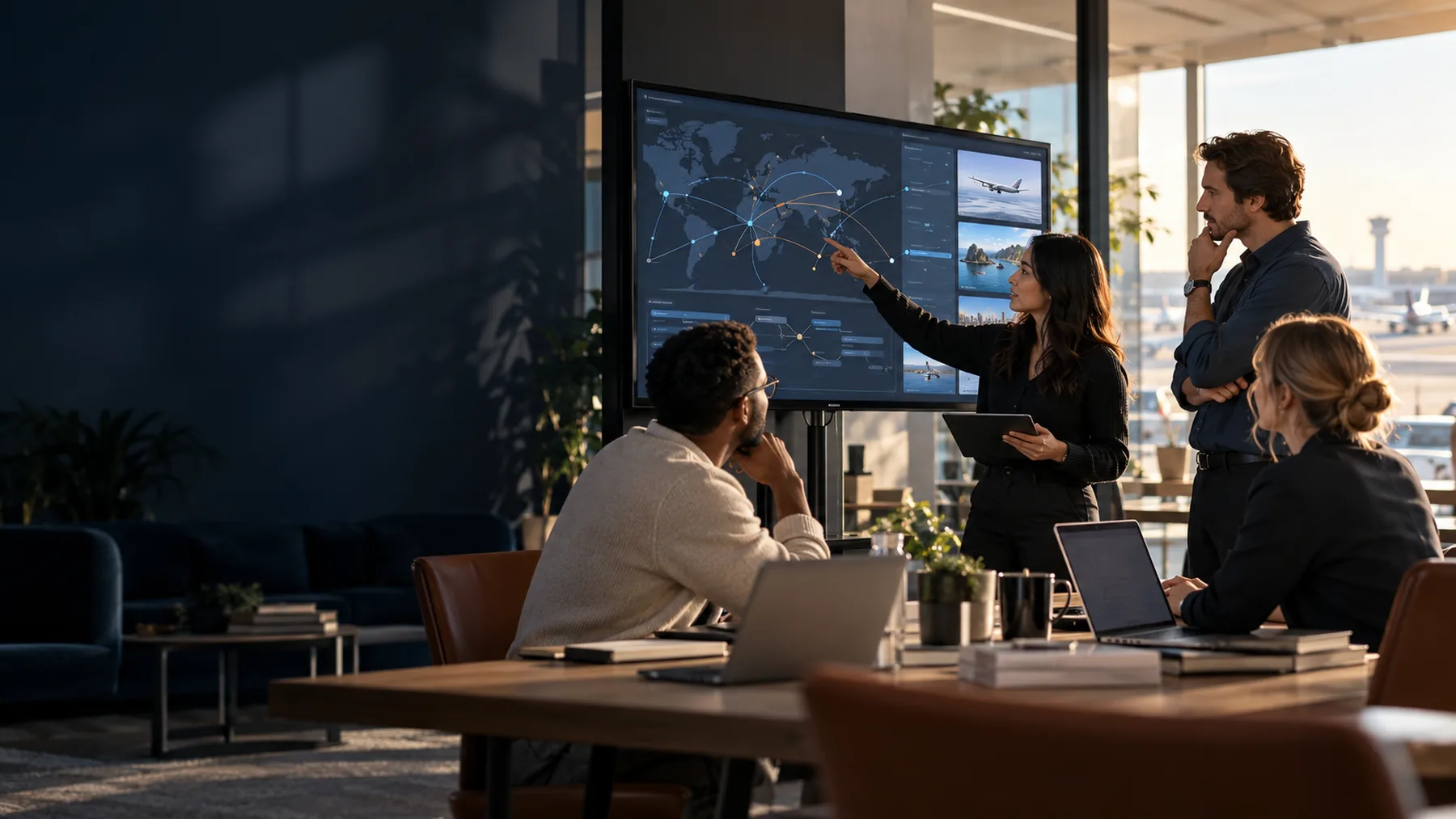 Illustrative scene of a team reviewing travel operations and software workflows